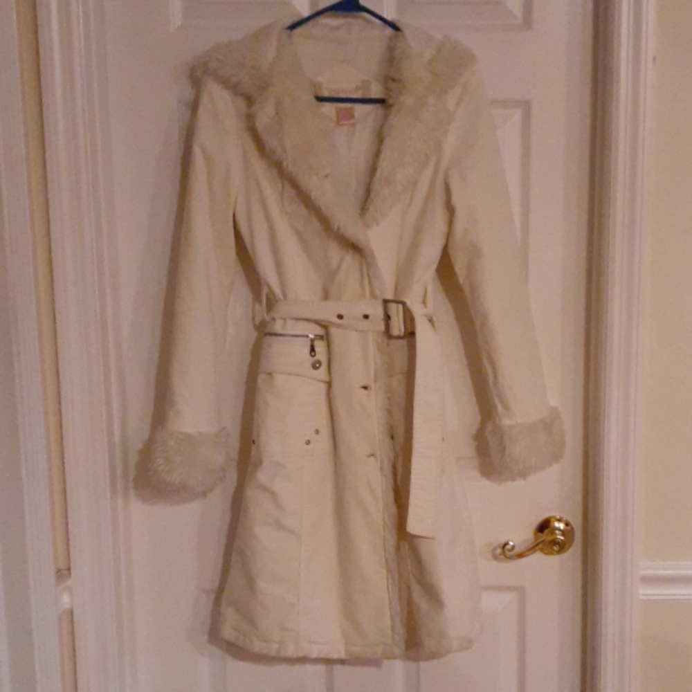 Womens white corduroy long coat with white faux fu